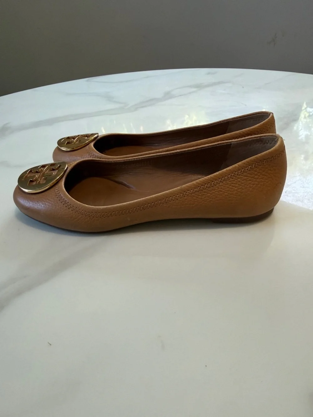 Tory Burch Cognac Leather Logo Ballet Flats